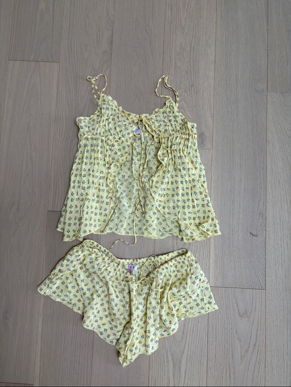 Urban Outfitters Yellow Floral Ruffle Camisole & Shorts Set